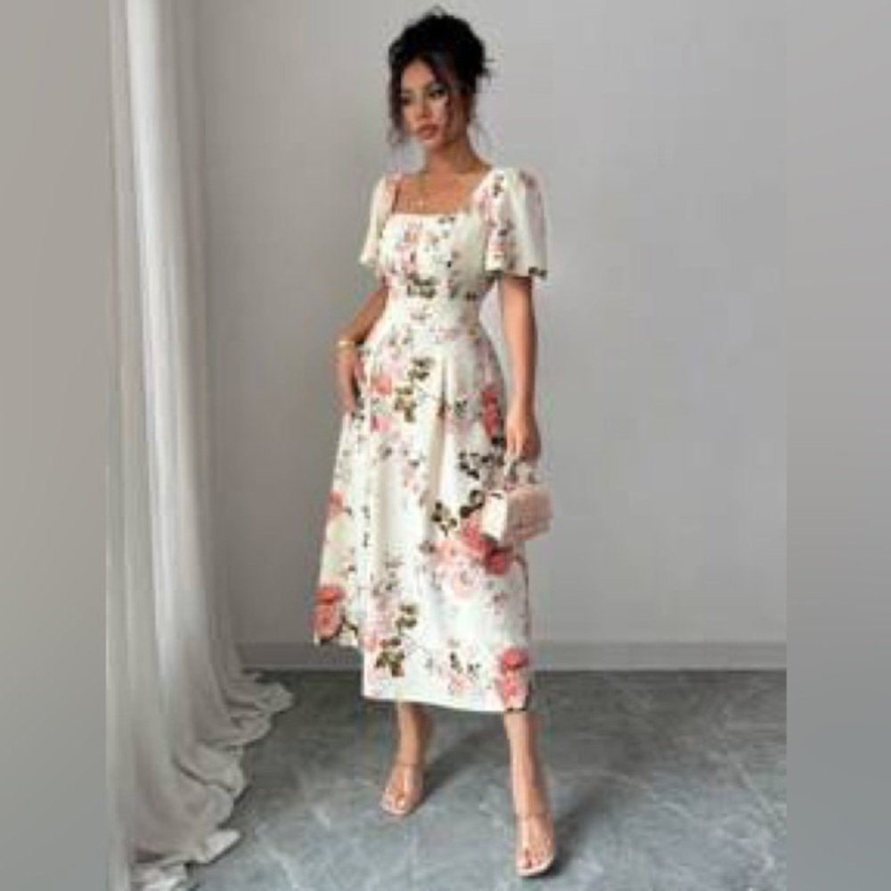 SHEIN White Midi Dress with Pink Floral Print